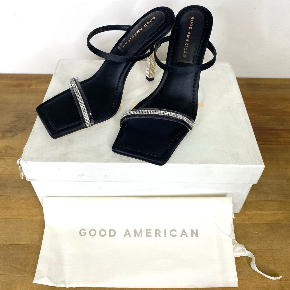 Good American Satin Rhinestone Heels Womens 7.5 Black Gold Square Toe Holidays